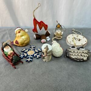 Rustic Nature Christmas Ornaments Lot of 9 Birds Wood Snowman Santa Campfire